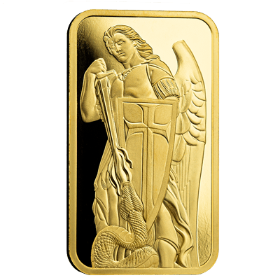 A picture of a 1 oz Archangel Michael Gold Bar (PAMP Suisse x Scottsdale Mint)